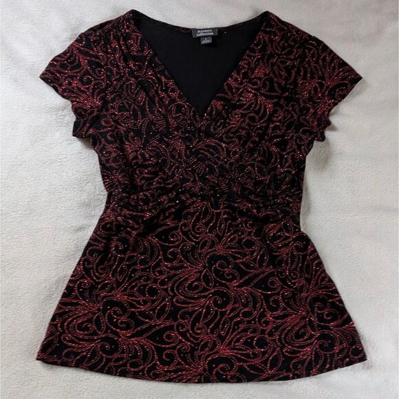 Y2K Sparkly Faux Wrap Blouse Women's Large Black Red Short Sleeve Swirly Print - Picture 2 of 6